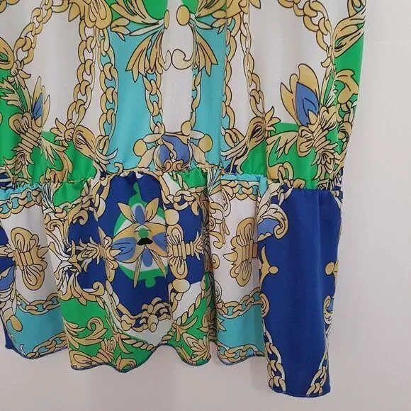 International INC Company Blouse White Blue Green Gold  Ruffled NeckWaist… - Picture 5 of 10